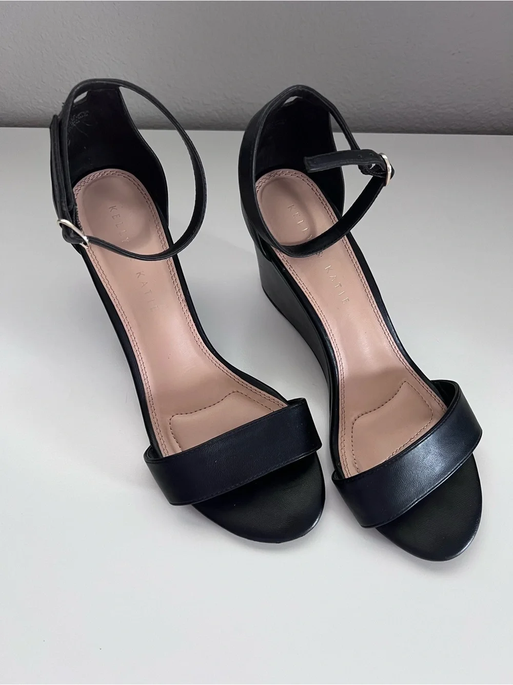 Kelly & Katie Black Leather Wedge Sandals with Ankle Strap